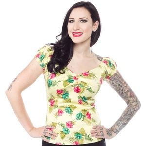 Lime green/neon yellow hibiscus vintage top